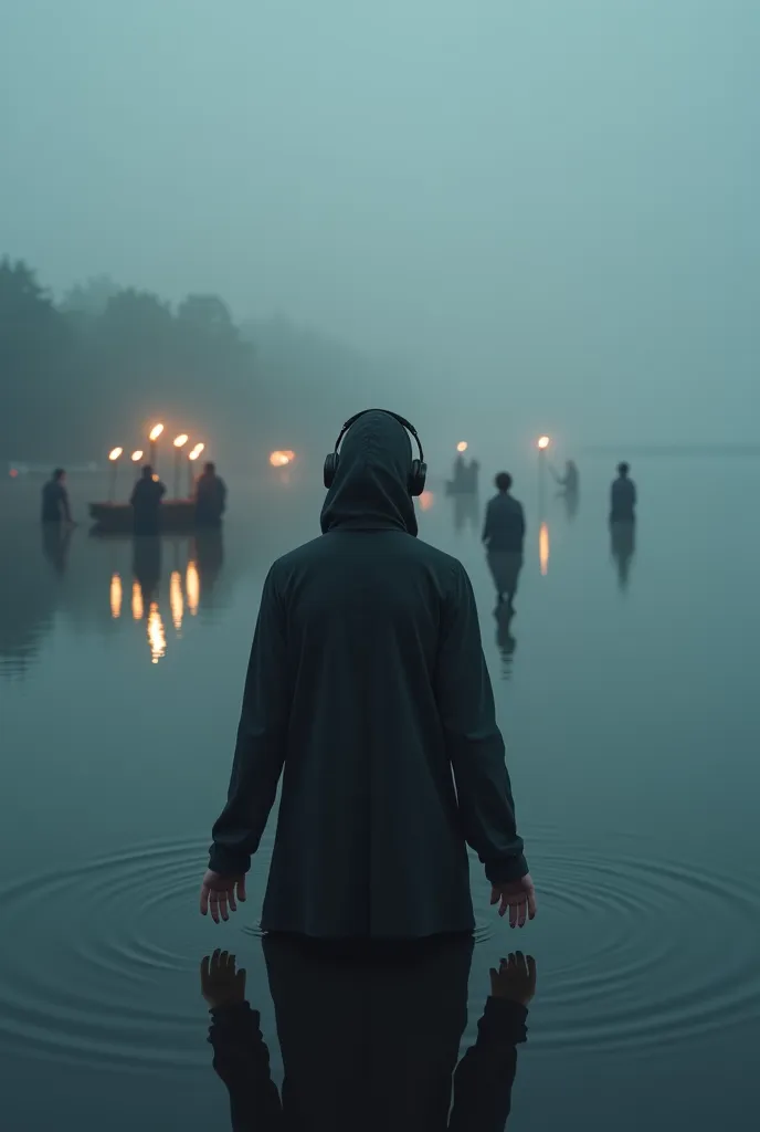 Man above the water, in the reflection you can see him holding 3 ren holding hands, and in the fog in the distance you can see a witch surrounded by inquisitive people with torches, He wears a hood over his head and headphones