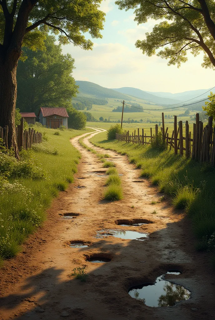 a road in the rural area full of holes and potholes