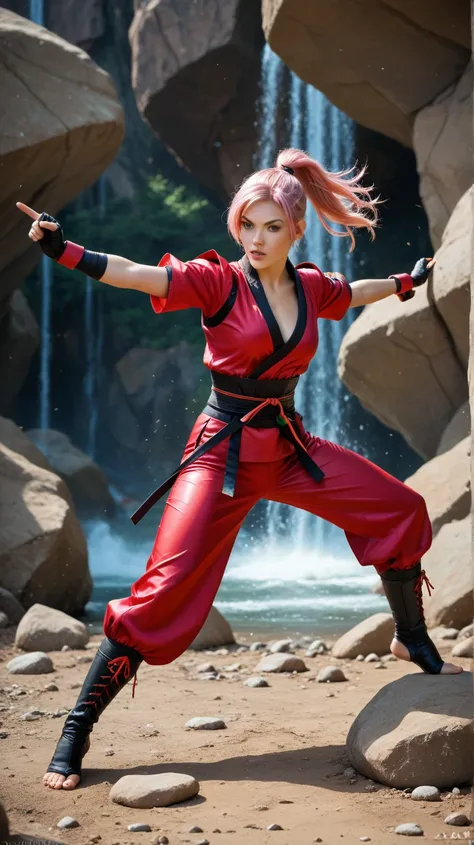 "A young kunoichi with vibrant pink hair and penetrating green eyes, wearing an elegant red ninja costume and black combat gloves.  Her expression is strong and determined , demonstrating her evolution as a warrior.  She is in a dynamic pose , preparing fo...