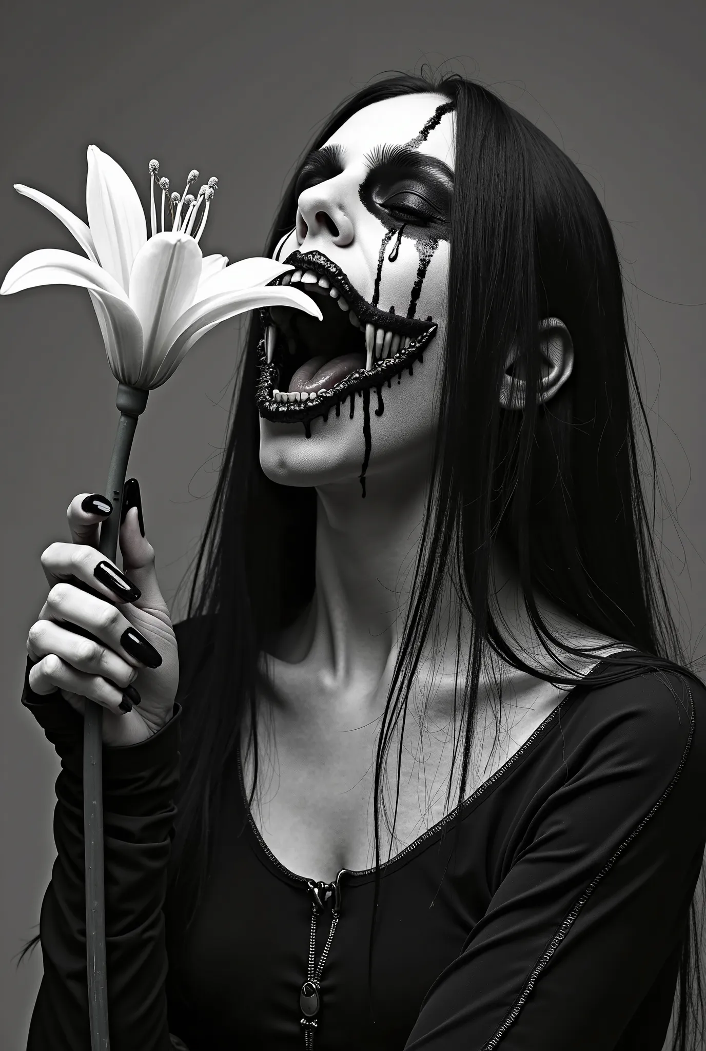 A hyper-realistic black-and-white high-definition photographic portrait of an intense black metal woman with long, flowing black hair. Her pale skin contrasts with her black metal  paint: deep black paint surrounds her eyes, extending in jagged streaks dow...