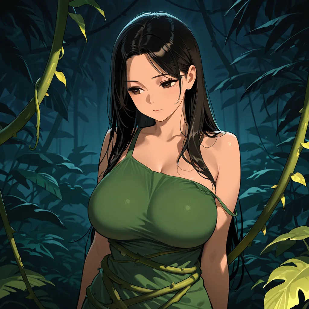 1 girl,  black, looks at the caretaker with interest, in the jungle at night,  brown eyes, big breasts, in clothes made from vines, long black hair