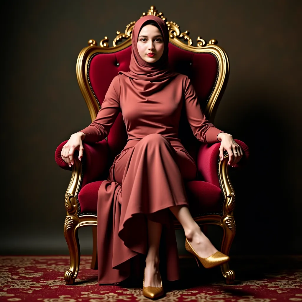 a woman of ideal posture , sits confidently on a throne decorated with intricate carvings and luxurious velvet. She was wearing a satin hijab. She was wearing high heels. His legs are crossed.  It exudes a sense of strength and tranquility,  blends seamles...