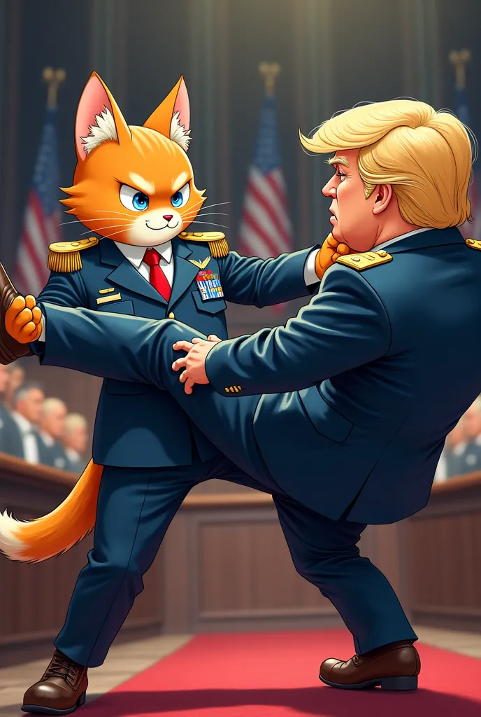 max the  NATO cat  amine furry cat boy in a NATO commanders uniform KICKING President Donald Trump's in his but