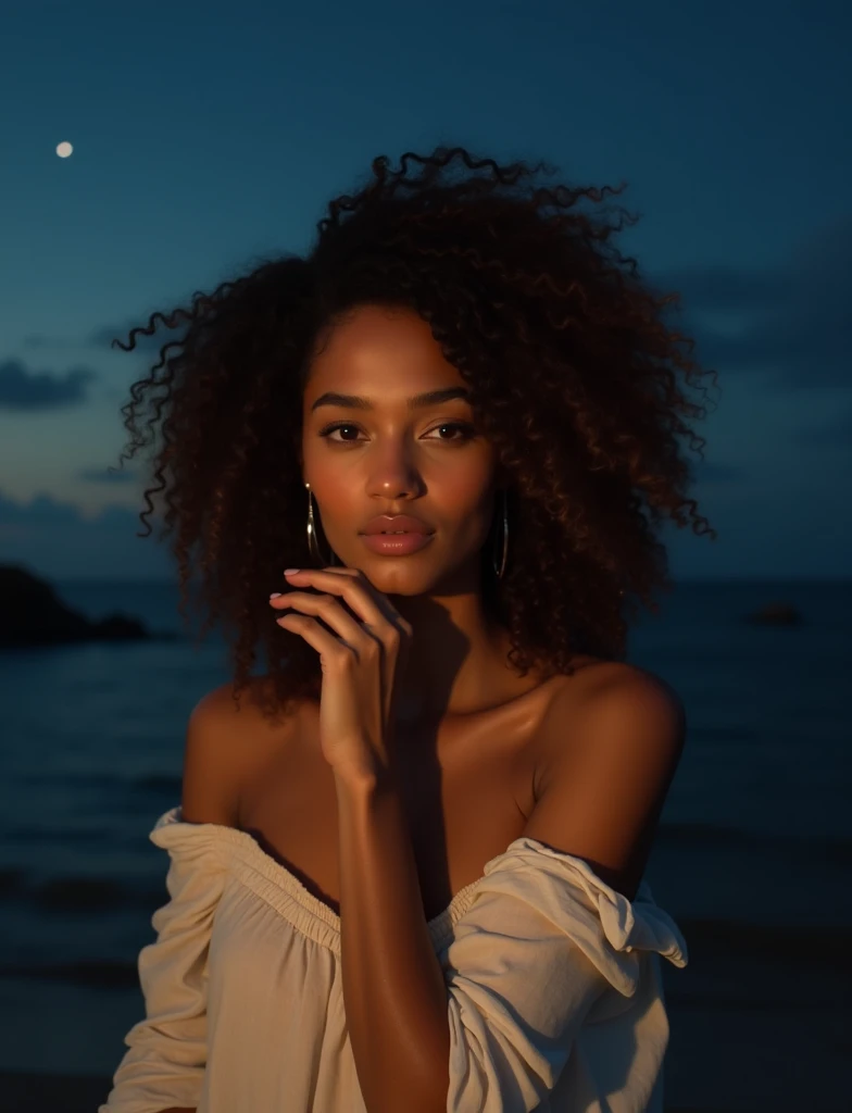 A beautiful Brazilian woman in her 30s, gentle expression, Dark Skin, curly and voluminous hair, she wears loose clothing from the 70s and is on the coast of Paraíba at night