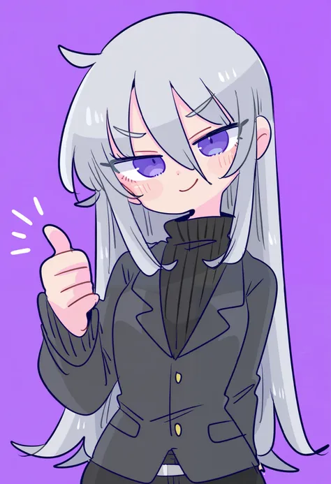 by op na yarou, 1girl, solo, light grey hair, long hair, straight hair, flowing hair, hair between eyes, light purple eyes, black sweater, dark grey blazer, black shorts, upper body, head tilt, smile, thumbs up, nervous, looking at viewer, half-closed eyes...