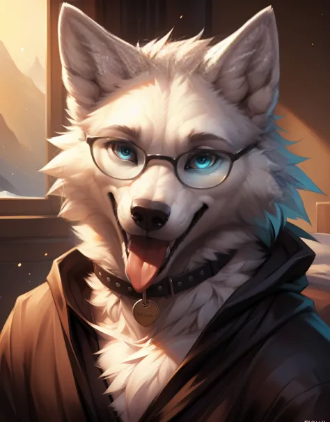 (author：Ross Tran, by ruan jia, by zaush, by foxovh), uploaded the e621, beautiful and ultra-detailed, lighting cinematic, seductor, (male anthro arctic wolf, fluffy fur, character focus:1.5), body fur, (thick thighs:0.3), curvy, (), invitation, (heart-sha...