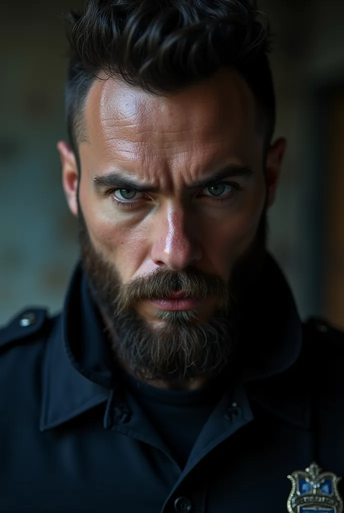 Young hot police officer, large,  muscular, but wiry, Distinctive cheekbones, Sharp jaw , darker three-day beard, Cold steel gray eyes, 8k, highly detailed, photorealistic, physically-based rendering,  perfect studio light , ultra-fine painting, sharp focu...