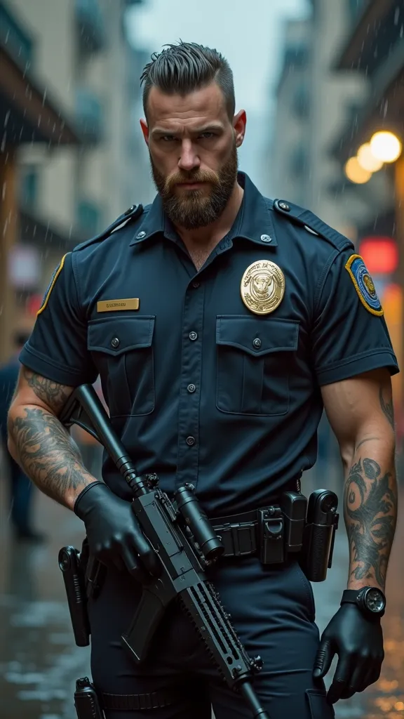 Hot young Police officer
Statur: large,  muscular, threatening
visage: sharp, Beard shadow, ice-cold look
eyes: dark, pervading
skin: Scars, tattooed forearms
uniform: a, worn , Weapons visible
Aura: grim, aloof, latent violence
voice: Rough , commanding
A...