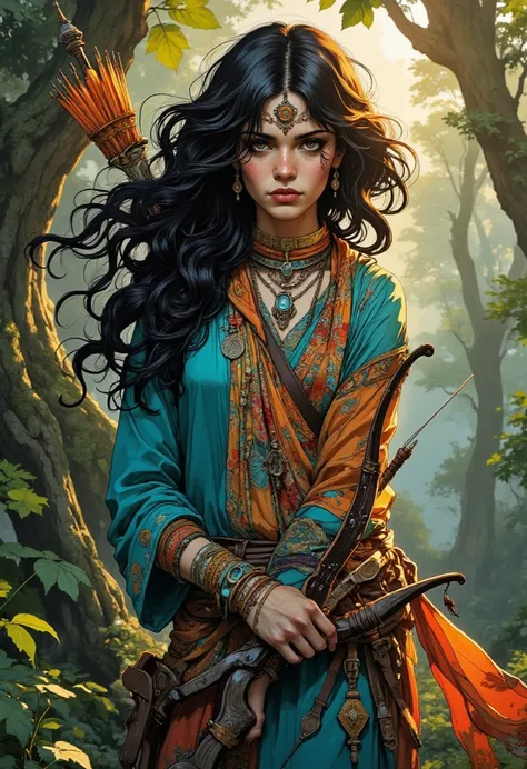 A ranger swarmkeeper with a Romani touch in a mystical forest, She wields an enchanted bow with arcane engravings and Roman details, , Her intense eyes reflect ancient wisdom, Her wavy hair with dark and golden reflections falls freely down to the waist. S...