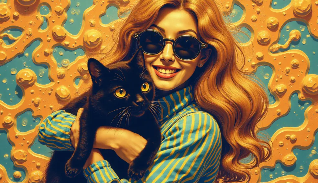 an illustration of a woman hugging a black cat with bright ambar eyes in a psychedelic 70s environment, in the style of Peter Max, surrounded by bold abstract patterns and geometric shapes in amber and teal colors, woman with long wavy hair and oversized r...