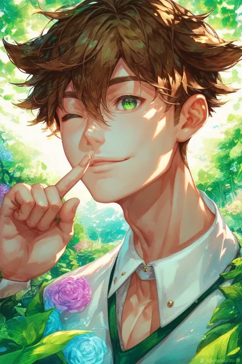 score_9, score_8, score_7, brown hair, big beautiful green eyes, hair flaps, hair between eyes, young boy, white shirt, close up, vibrant meadows, cute, round face, anime eyes, winking, index finger on lips, shush pose