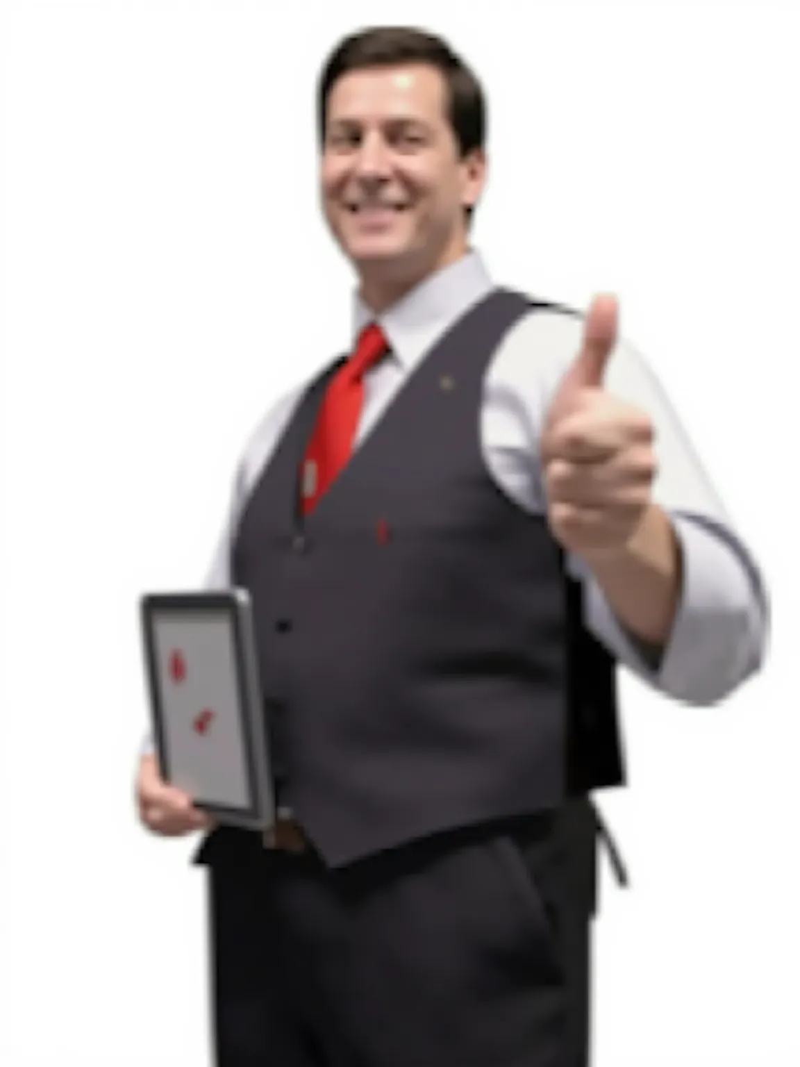 pixelated 90s fmv quality. The image features a man in a formal business suit with a white dress shirt and a red tie. He is holding a tablet in one hand while giving a thumbs down gesture with the hand. He has a confident expression and a bright, smiling f...