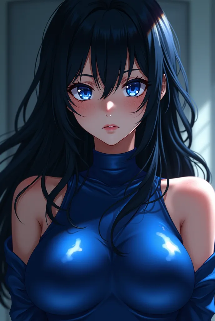 Anime style girl from My Hero Academia, blue dress close to the body and shiny,fair complexion with freckles ,Sapphire eyes torn,white eyelashes,black eyebrows , long wavy hair color black 