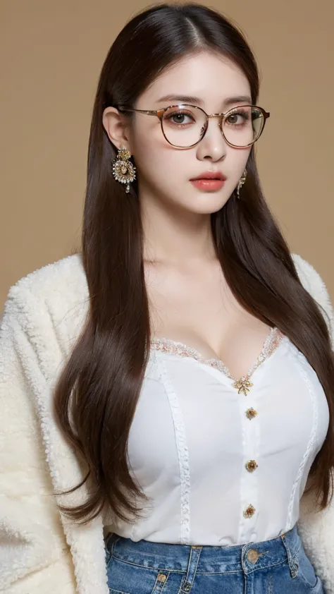 (Realistic, high resolution: 1.3), 1 girl with perfect body, very detailed face and eyes, long hair, wearing glasses, white shirt decorated with flower embroidery, thick luxurious fur coat, short jean skirt, big girl, showing cleavage,,