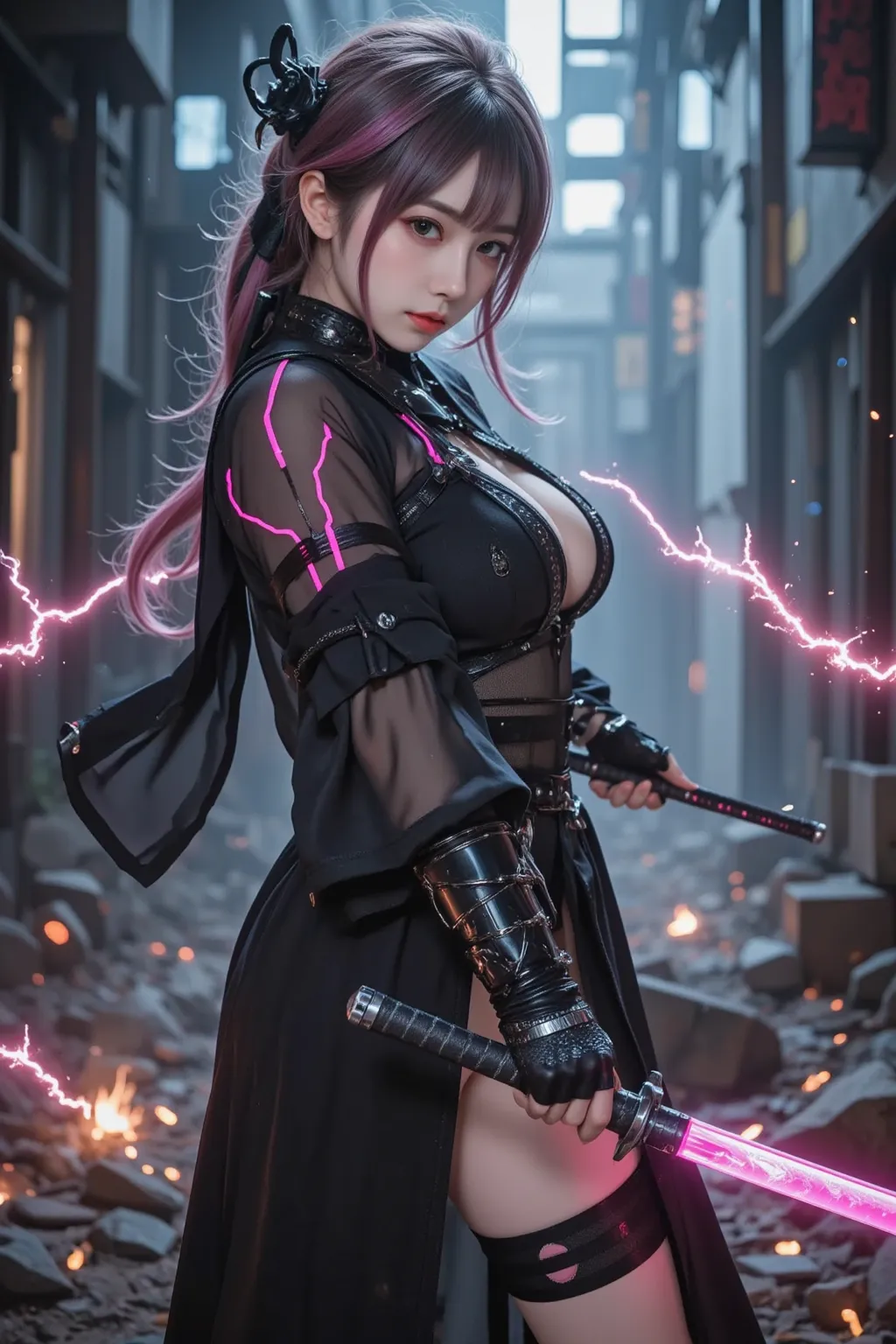 A breathtakingly beautiful cybernetic kunoichi stands poised in a dynamic battle-ready stance, her motion fluid and precise like a shadow in the night. She wears a delicate, sheer kimono, its translucent fabric flowing with her movement, revealing the matt...