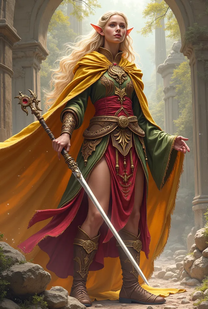 elf sorceress, blonde,, wearing green robes with gold cloak