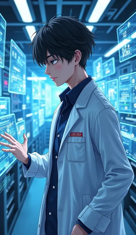    surrounded by floating holographic screens 若いアニメ科学者 のmale性,   surrounded by floating holographic screens   ,  High Concentration  ,  dynamic poses that will make your whole body sweat,  futuristic lab setting  .Detective, male、male性