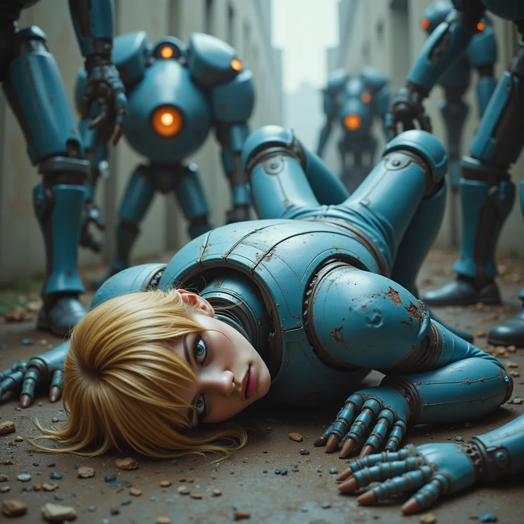 high resolution, masterpiece, photo realistic, surrealism,Samus Aran, seriously wounded, wearing intensely worn out torn out light blue zero suit, lying face down on the ground, exhausted hopeless expression, surrounded by evil robots.