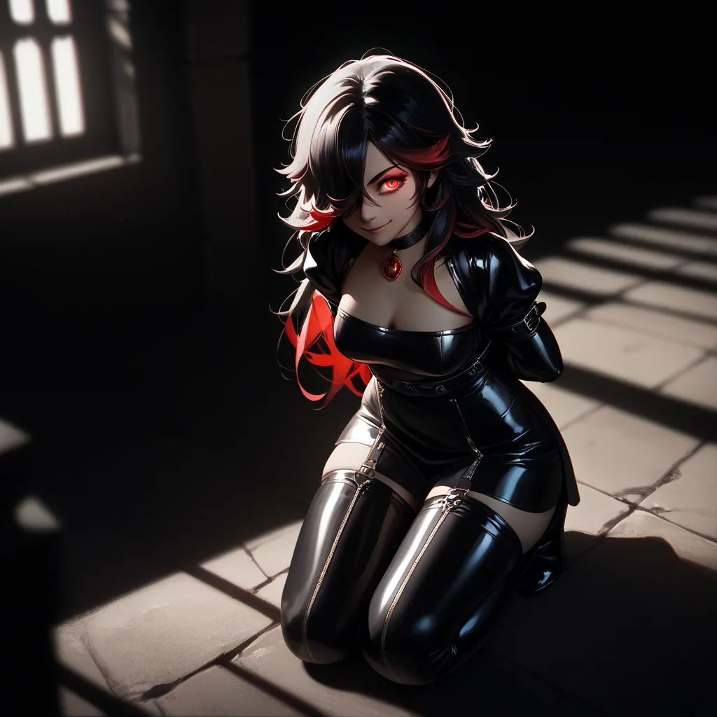 best quality, intricate details, chromatic aberration, 1girl, long hair, black hair, messy hair, red highlights, glowing eye, hair over one eye, red eyes, sharp eyes, choker, in ancient temple, on knees, evil smile, behind stone bars, armbinder, arms behin...