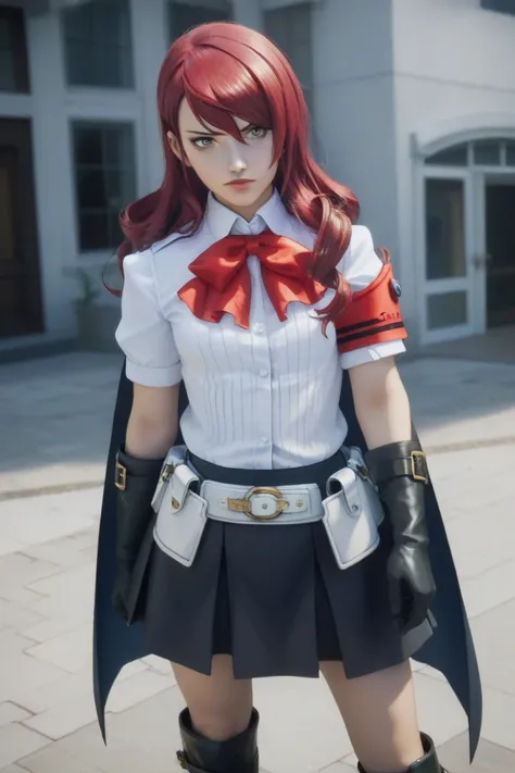 p3mitsuru-sees, gekkoukan high school uniform, red bow, white shirt, armband, holster, belt, white belt, cape, gloves, elbow gloves, black gloves, skirt, black skirt, boots, knee boots,