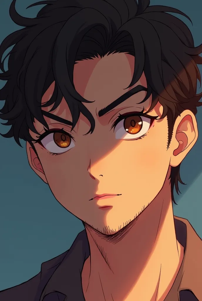 A boy with amber-colored eyes shaped like a cat , short dark brown curly hair , thick eyebrows and big lips. Slim build but somewhat large head . He is a young adult. with beard. Anime Style