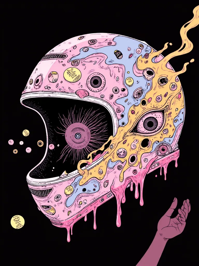 Helmet broken and head beheaded floating without a body in the void of a pastel colors liquids flowing, an eye floating as well, spectre going out as a flow, a hand floating how to asking for help, a couple of colored stickers on helmet, pop and dark surre...