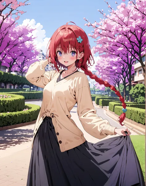 Kurosaki's thing , Alone,stupid hair, Blue Eyes, knitting glasses, hair intake, sngle braid,HAIR ACCESSORY, red hair, hair knitting glasses, smile,blush,open your mouth,Medium breast, oversized v neck sweater long sleeve,long skirt, Bbo~, bench,Beautiful c...