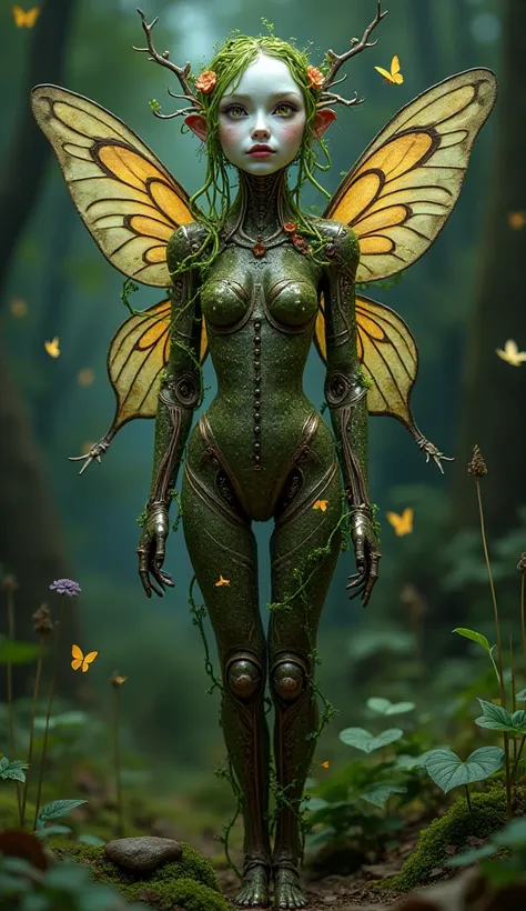  merge ,A puppet fairy figure wrapped in a vine of plants and flowers,　Deep Forest,　GLOWING CUE FULL BODY, 　Art Nouveau,　fantasy,　 cyber ,  a fair-skinned 's face that seems clear even though it's a machine, The body is a machine, Hair is green vines,  Ful...