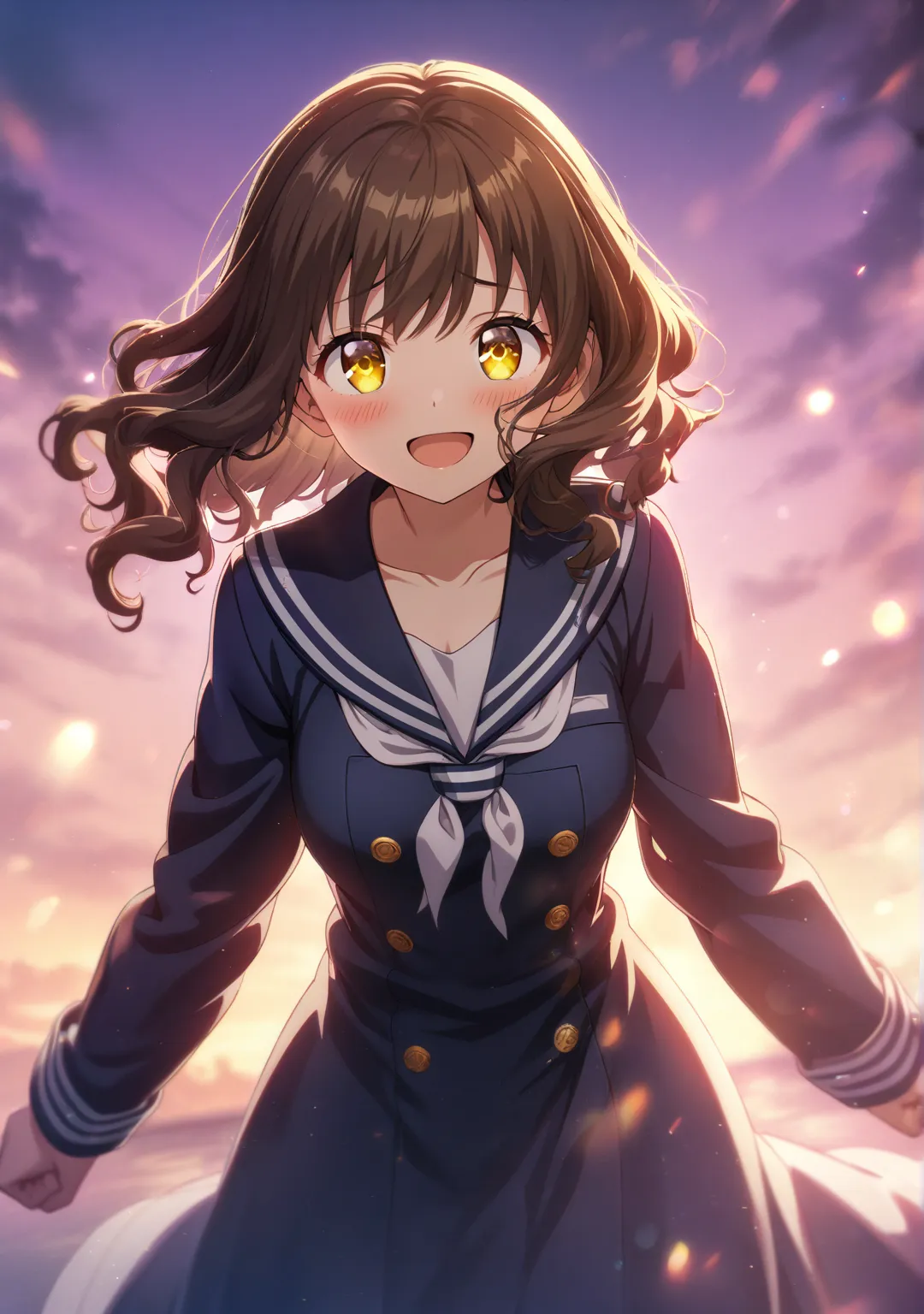 1 girl, Game CG, 
shallow depth of field, a portrait with a soft Gaussian blurred background, creating a dreamy atmosphere, focus on face, 

a high school girl, full body, dynamic composition, cozy yet determined atmosphere, clenched hands, looking viewer,...