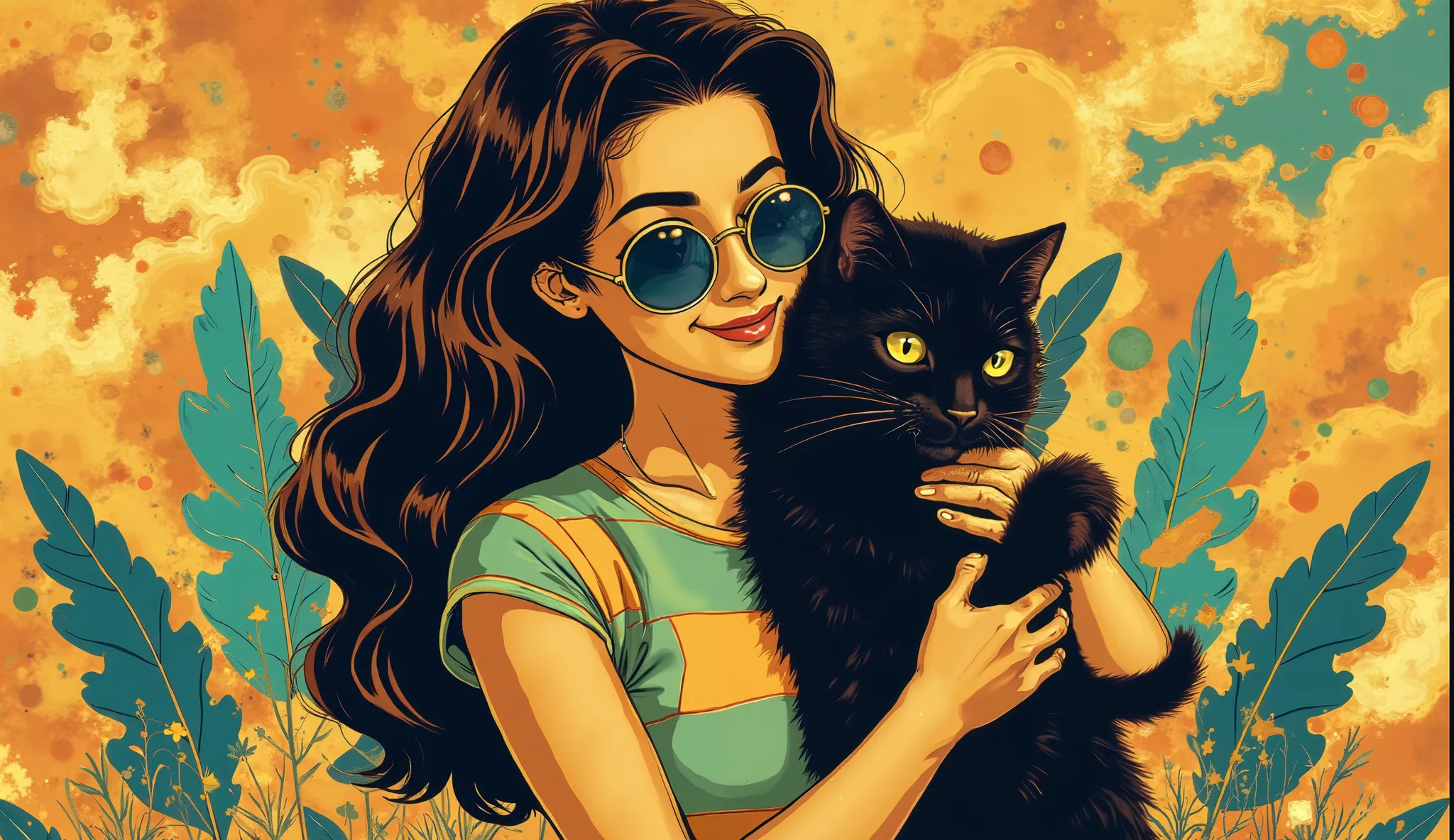 an illustration of a woman hugging a black cat with bright ambar eyes in a psychedelic 70s environment, in the style of Peter Max, surrounded by bold abstract patterns and geometric shapes in amber and teal colors, woman with long wavy hair and oversized r...