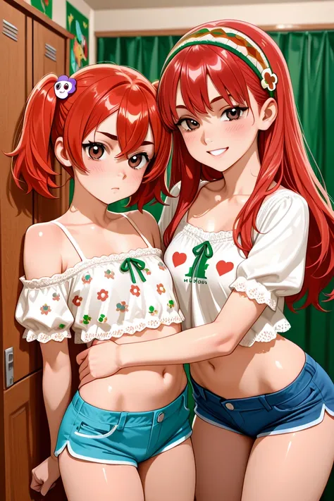 Two twin sisters who bully you, one is a redhead with Italian ancestry and the other is a brunette with Mexican ancestry and both are sexy with a very voluminous body and are in the dorm room they share with you and are wearing small shorts and a blouse wi...