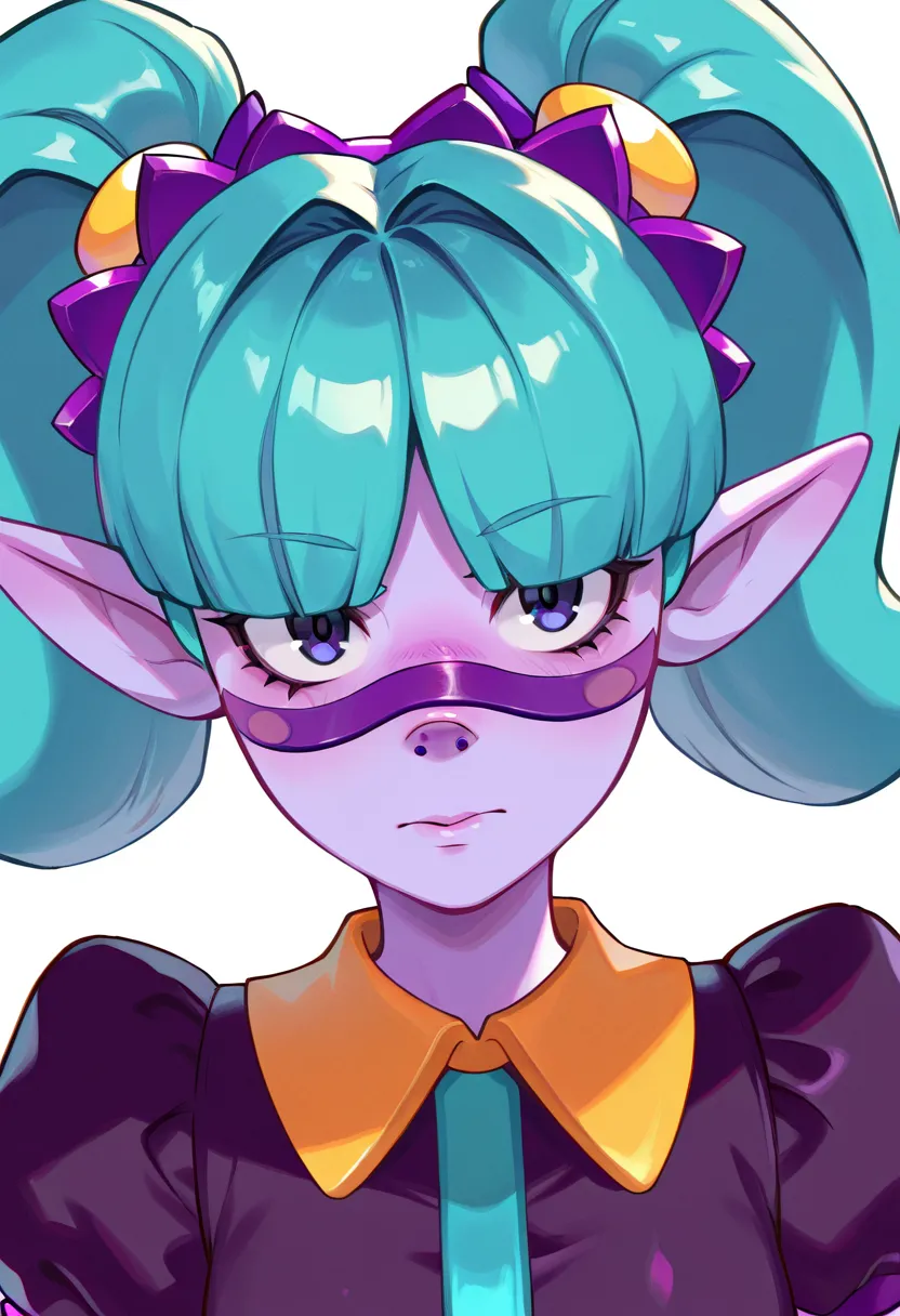 masterpiece, best quality, very aesthetic, absurdres, brawl_stars, 1girl, solo, Emz_harajuku(purple skin, aqua hair, twintails, bangs, (purple band on nose:1.4) ,nose covered, ponty ears,  elf ear,  black dress), portrait, 