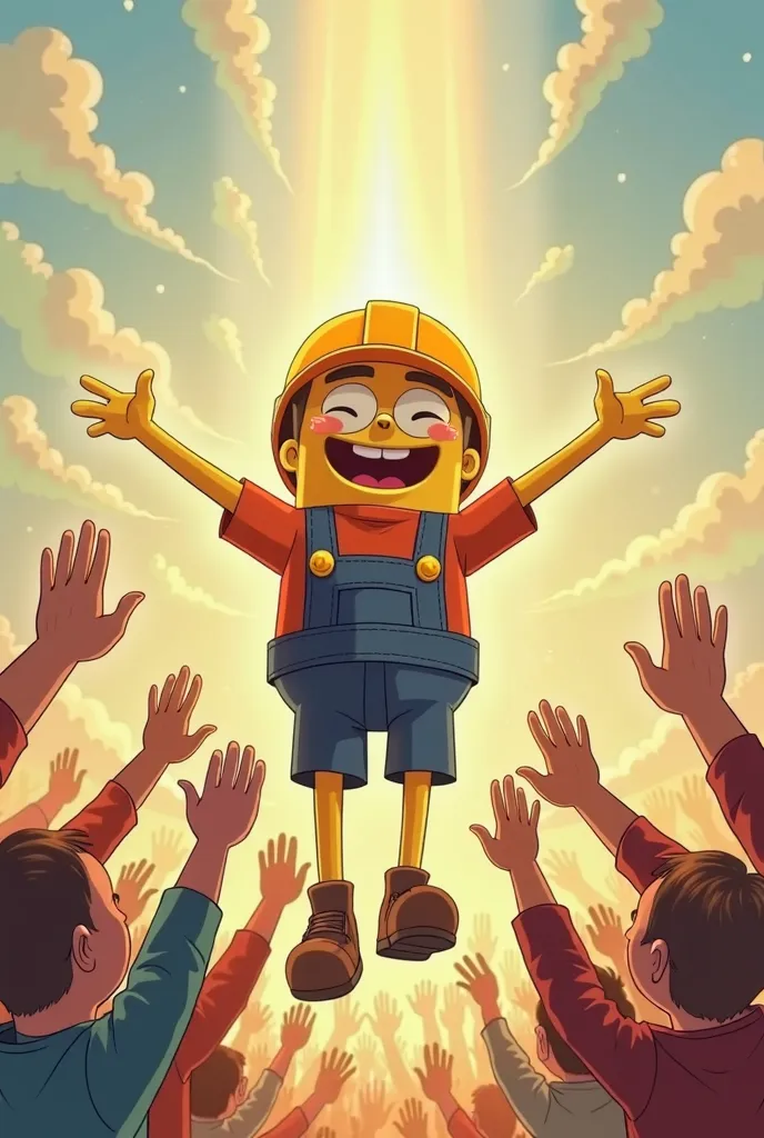 Bob the builder rising with his arms extended on both sides down with the palms up as if he were a god, while several people praise him with their arms extended upwards to. He es levitating with eyes closed and a secure and pacific smile. The people only c...