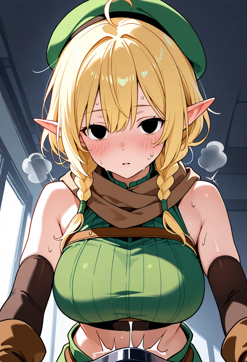 1woman,elf,short hair,low twin braids,long braids,blonde,slender,ahoge,empty eyes,black eyes,large breasts,tall,brown gloves,black elbow gloves,mini hat,beret,brown scarf,dark green crop top,sleeveless,looking at viewer,heavy bleathing,orgasm,blush,exhaust...