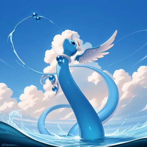 masterpiece, best quality, dragonair, without humans, Alone, basic, water, sereno,  sky, blue  sky, claws, lines of motion, dynamic pose