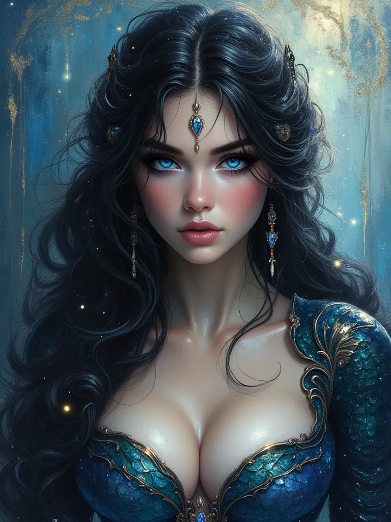 oil painting hyperrealistic fantasy, beautiful 25-year-old Russian MERMAID with Russian features, jet-black hair very long and wavy perfectly, sapphire blue eyes, shiny reddish lip gloss, white skin de porcelana como muñeca,  pink cheeks, Her skin is a sha...