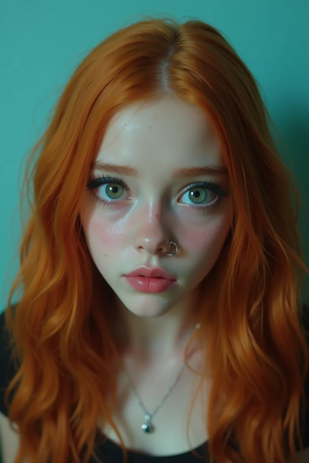 À cinematic picture of a 16year old girl her face is beautiful, with big emerald green eyes and full lips, black eye shadow, long thick eyelashes, pink glossy lips, pink rouge with some freckles, her hair is long bright ginger and wavy, she has a hoop nose...