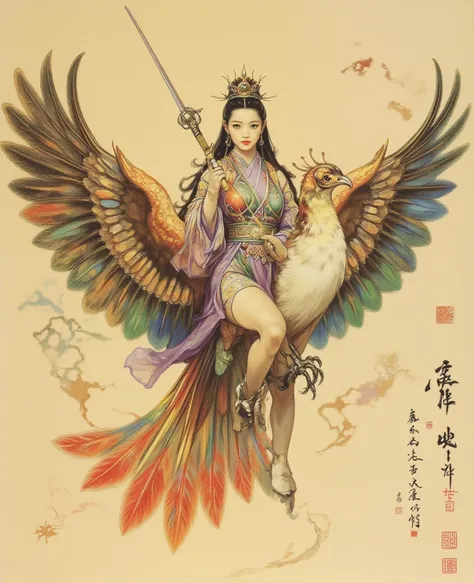 "Majestic Chinese goddess Jiutian Xuannü standing on a flying rainbow-feathered phoenix. Dynamic composition, semi-realistic Chinese style with golden shadows and prismatic reflections.

Goddess
Beautiful Asian face, determined expression

Exaggerated cont...