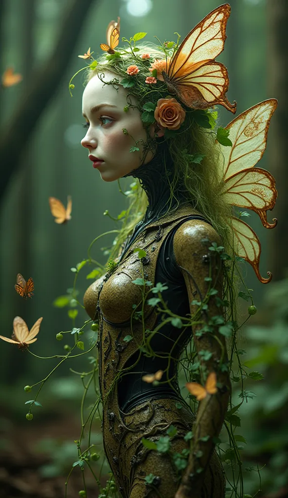  merge ,A puppet fairy figure wrapped in a vine of plants and flowers,　Deep Forest,　GLOWING CUE FULL BODY, 　Art Nouveau,　fantasy,　 cyber ,  a fair-skinned 's face that seems clear even though it's a machine, The body is a machine, Hair is green vines,  Ful...