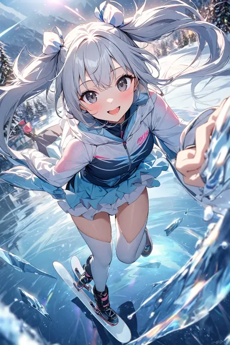  long silver hair 、beautiful girl with twin tails、smile、close-up、skate on an icy lake， spin and jump gracefully 。Night Sky、 shooting star、 auroras、 exterior：The silvery hair that extends to the shoulders，Deep black eyes，Wearing blue clothes ， mix with a sm...