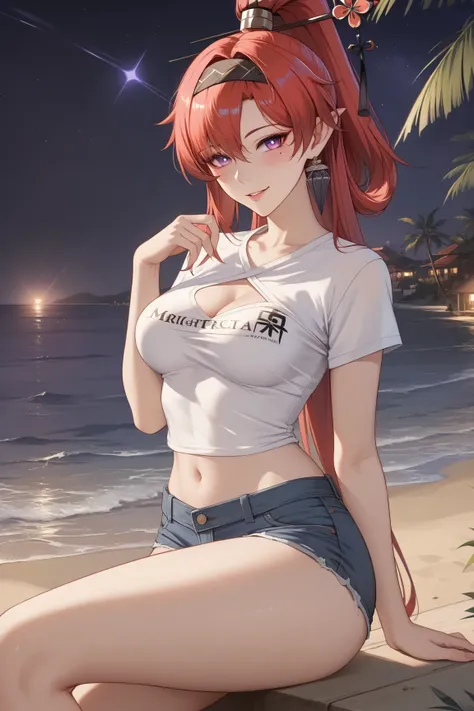 (((cowboy shot, cinematic lighting, midnight, night, dark))), ((Yinlin, red hair, mole under eye, purple eyes, hair stick, hair ornament)), (t-shirt, navel, short jeans, beach), 1girl, medium breasts, huge butt, thick thighs, sensual woman, mature female, ...