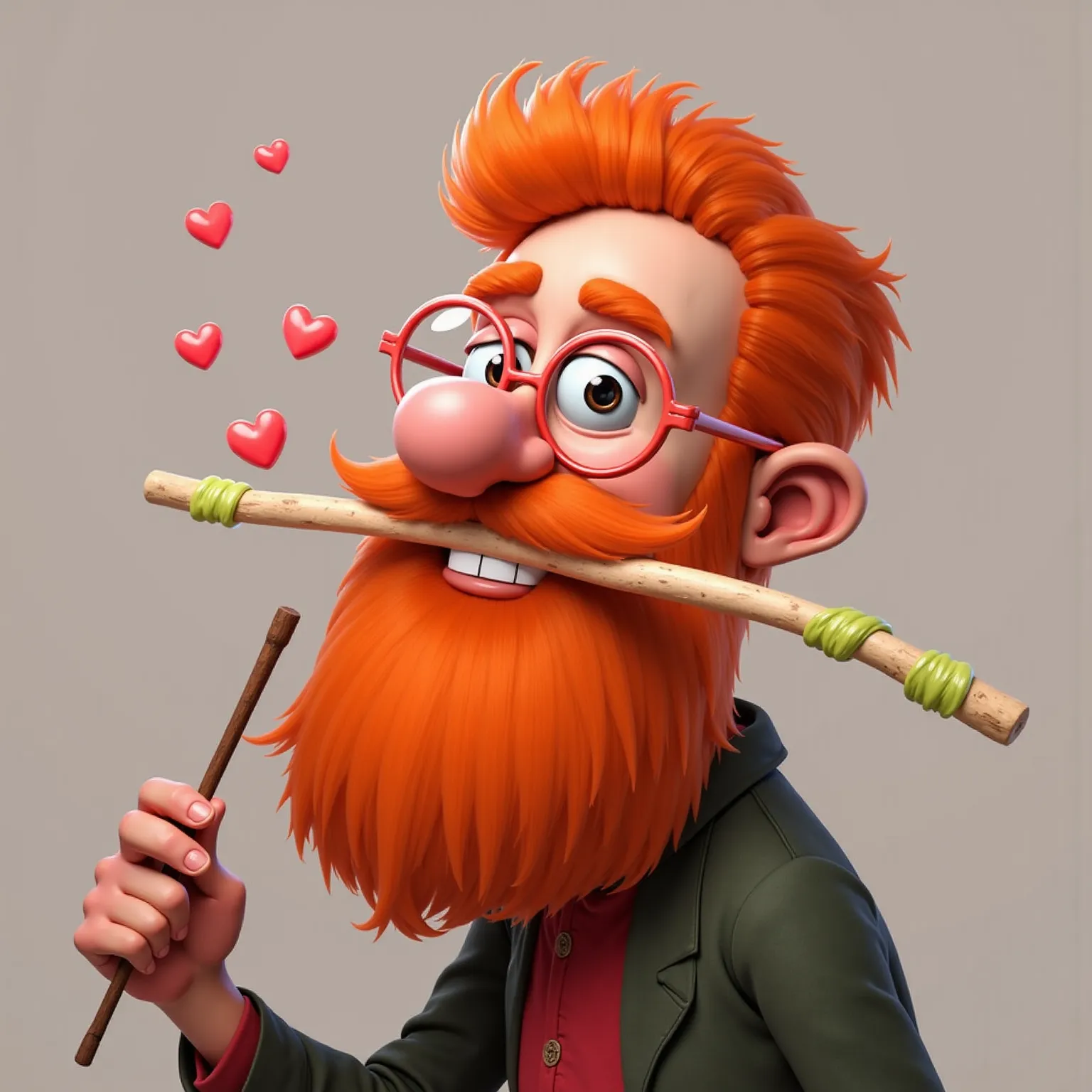  ,  little  , ginger,  bearded (orange-red thick beard), with rose-colored glasses hearts in his mouth candy stick, A magic wand in his hand