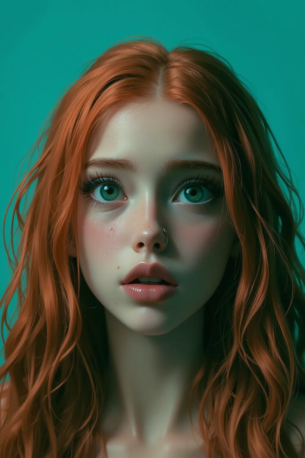 À cinematic picture of a 16year old girl her face is beautiful, with big emerald green eyes and full lips, black eye shadow, long thick eyelashes, pink glossy lips, pink rouge with some freckles, her hair is long bright ginger and wavy, she has a hoop nose...