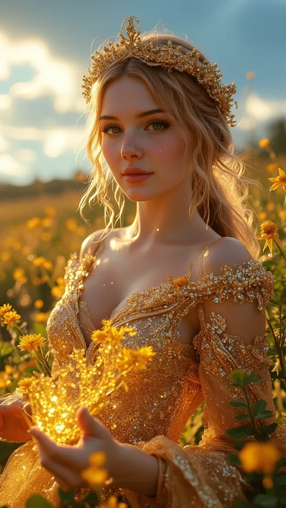 gold,bright,golden, shimmering,intricate, detailed,Realistic,foto-Realistic,high resolution,4K,ultra-defined,Fine painting,studio lighting, vivid colors,bokeh, landscape,field,nature, forest,Mountain, blue sky,white clouds,sunlight