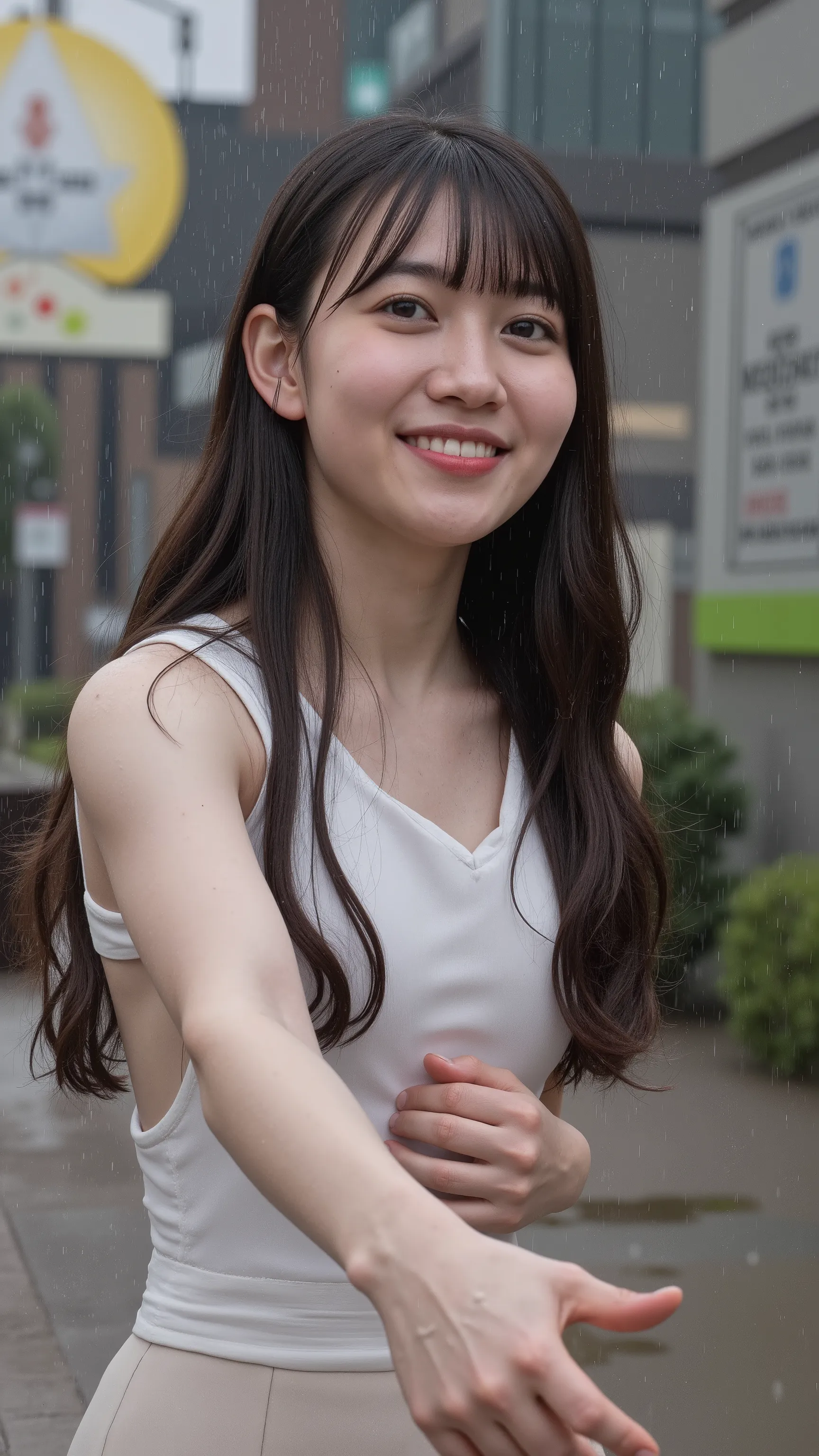 The high resolution photograph of a Japanese young woman, realistic, photo-realistic, masterpiece, best quality, intricate details, extremely detailed, sharp focus, professional lighting, 1girl, joyful expression, standing on the path in the rain, reaching...