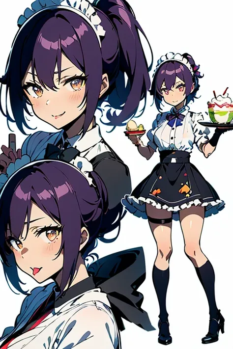 shihouin yoruichi, pastel colors,Drawing of a woman holding a plate and glass of ice cream, 1 woman, crouching, alone, knee-high socks, food, cherries, maid's headdress, apron, tray, high heels, black footwear, ribbon, torn clothing, tongue, holding, sunda...