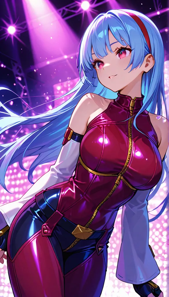 score_9_up, score_8_up, score_7_up,score_6_up, score_5_up, score_4_up , 1girl, solo, huge breasts, kula, blue hair, red eyes, bodysuit, gloves, zipper, kula KOFXV, purple hair, purple eyes, red hairband,pearl (gemstone), off-shoulder, white sleeves, finger...