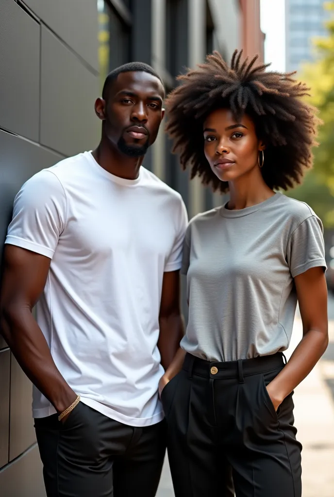 Create a realistic and professional image for a unisex fashion ad . The model should be two stylish black people a man and a woman , wearing a plain brown and white t-shirt premium 100%  Cotton , in a neutral tone (therefore, white or gray).  It must be in...