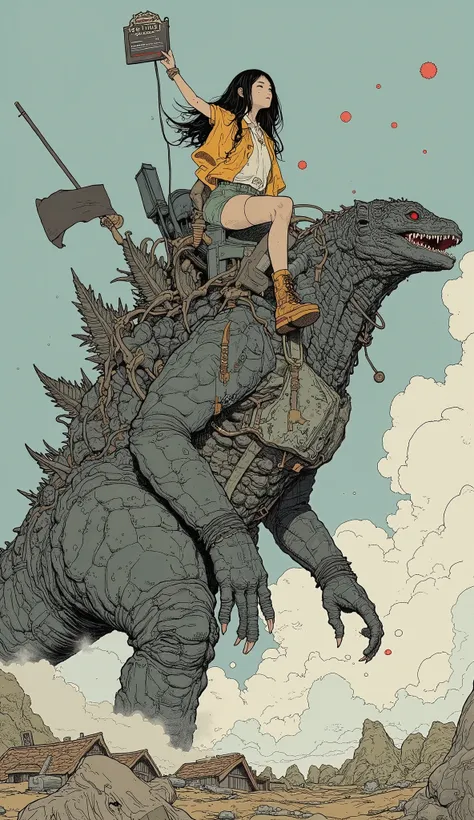   Godzilla  girl riding a giant   Godzilla  with a movie clapper, Paintings inspired by Noriyoshi Ikeyori, Pixiv, Fantastic realism, monster girl, adam and eve versus   Godzilla , athletic figure,   Godzilla , There is Chinese text, Leiji Matsumoto, Hot re...