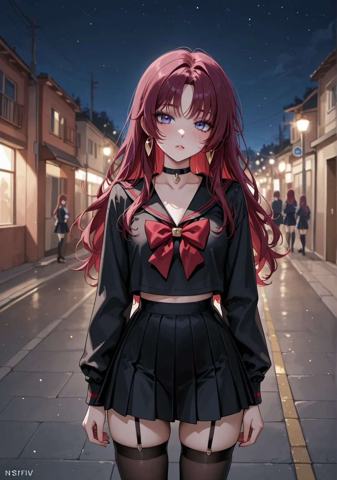 anime, Hot 17-year-old waifu poses, Night, She wears a black sailor uniform and a mini skirt,    stockings, ,   Shkolnica,  maroon hair,    Romantic scene   , medium chest, nsfv, , , at school,  